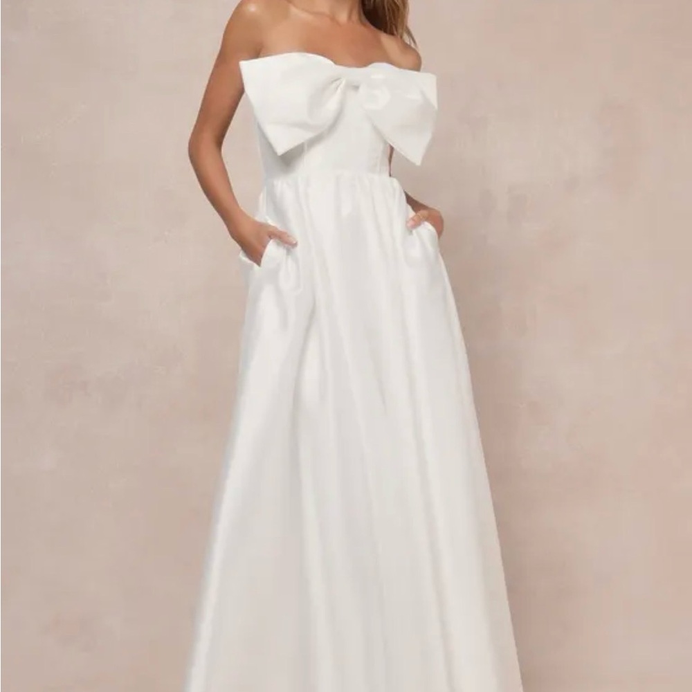 Bridal White Taffeta Bow Maxi Dress With Pockets